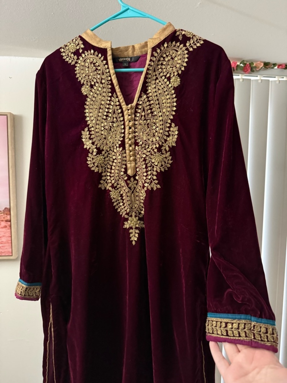 Lakshita Indian Burgundy Kaftan Kurta Tunic Embroidered Velvet Trim Ethnic Large - Picture 4 of 7
